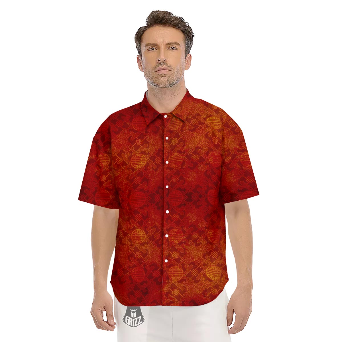 Chinese Red Print Pattern Men's Short Sleeve Shirts-grizzshop