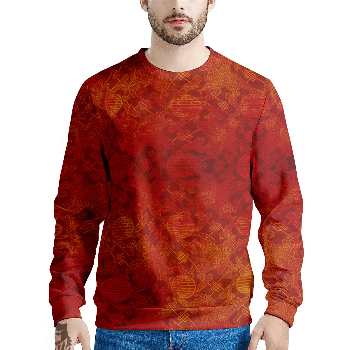 Chinese Red Print Pattern Men's Sweatshirt-grizzshop