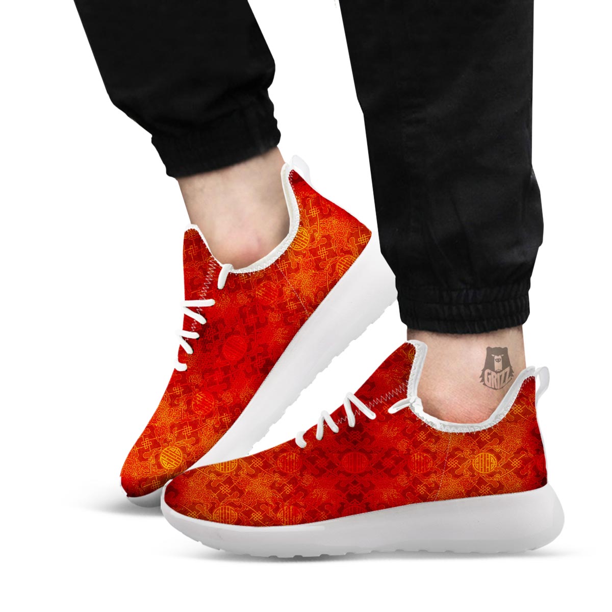 Chinese Red Print Pattern White Athletic Shoes-grizzshop