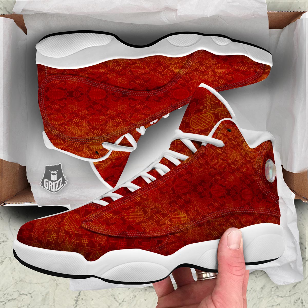 Chinese Red Print Pattern White Basketball Shoes-grizzshop
