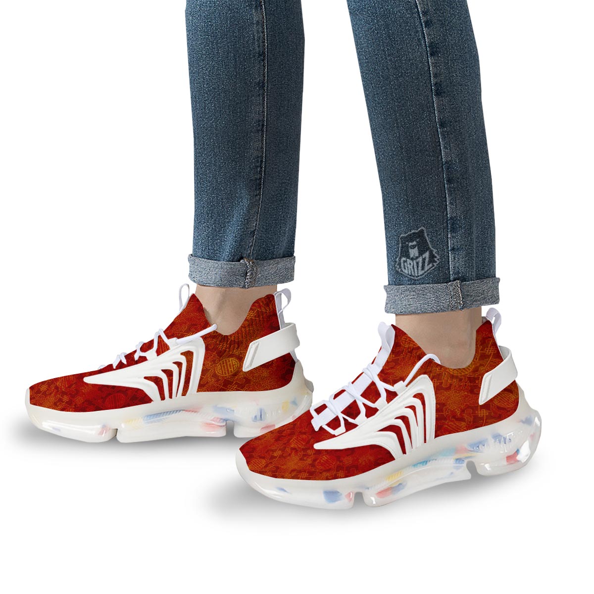 Chinese Red Print Pattern White Gym Shoes-grizzshop