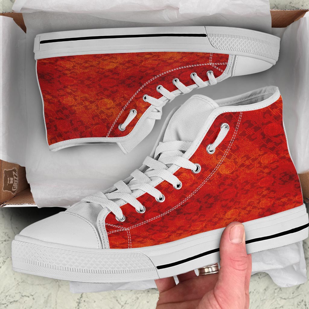 Chinese Red Print Pattern White High Top Shoes-grizzshop