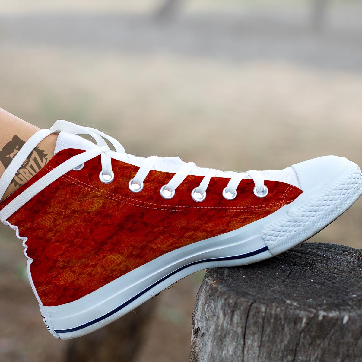Chinese Red Print Pattern White High Top Shoes-grizzshop