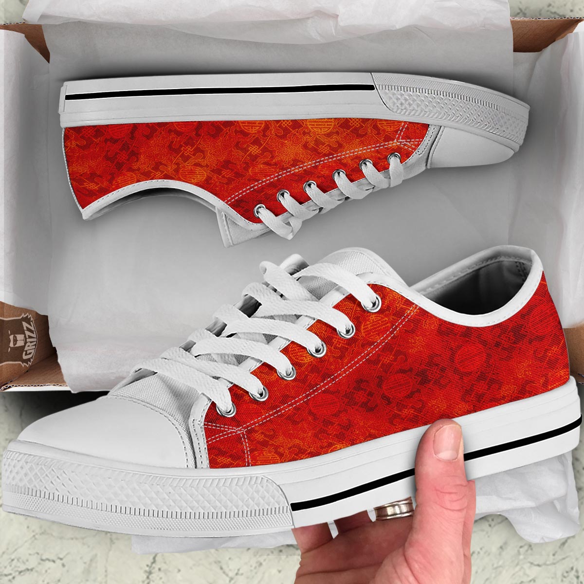 Chinese Red Print Pattern White Low Top Shoes-grizzshop