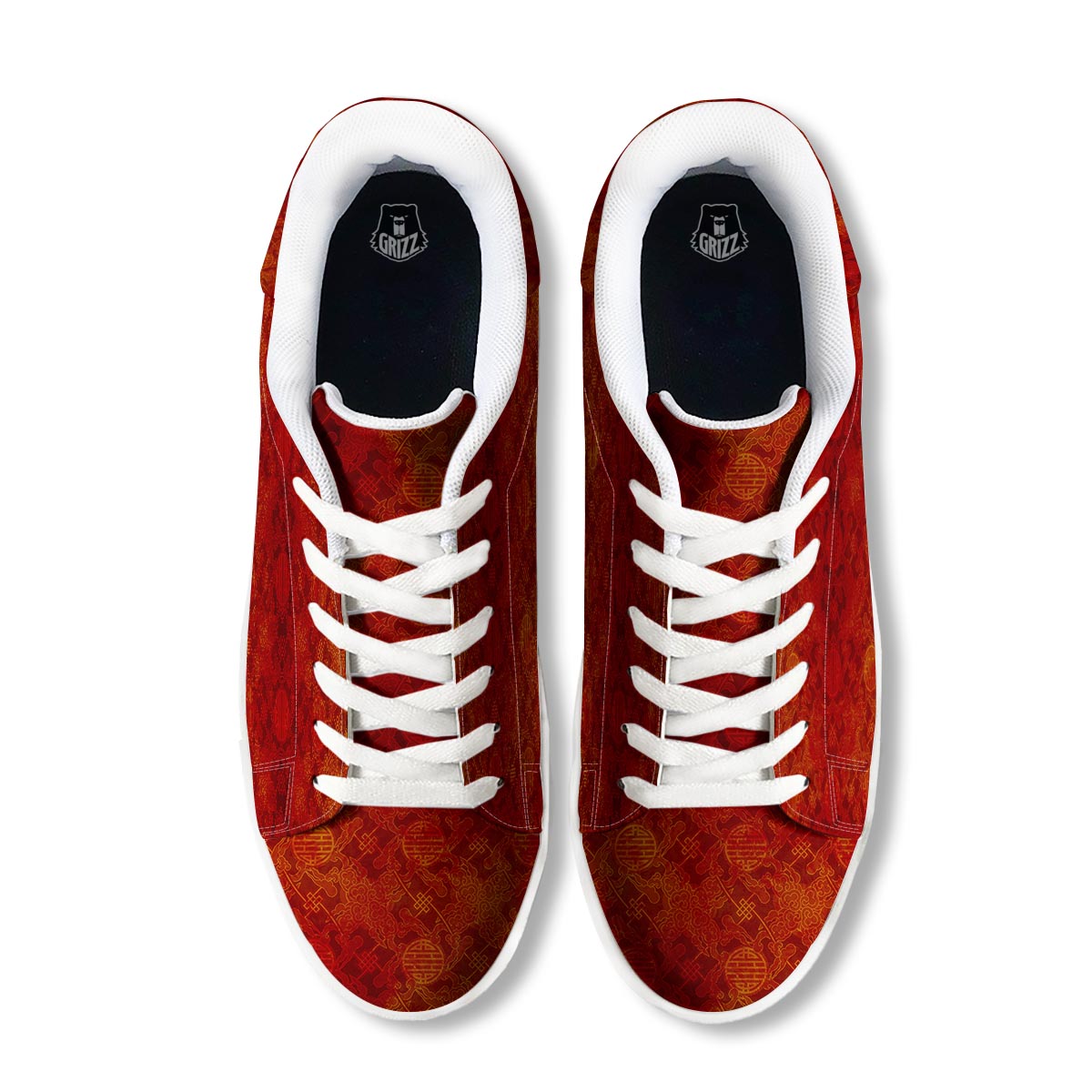 Chinese Red Print Pattern White Low Top Sneakers-grizzshop
