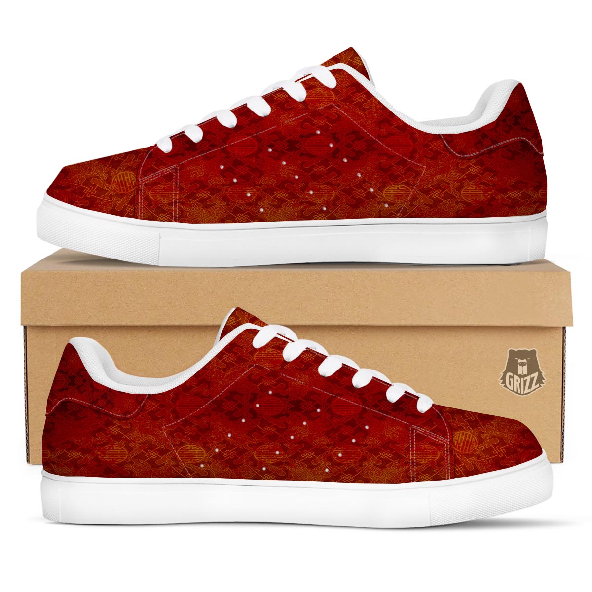 Chinese Red Print Pattern White Low Top Sneakers-grizzshop