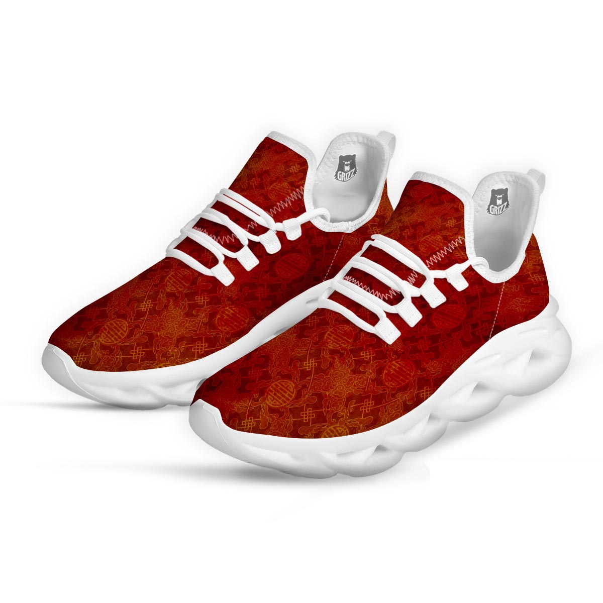 Chinese Red Print Pattern White Running Shoes-grizzshop