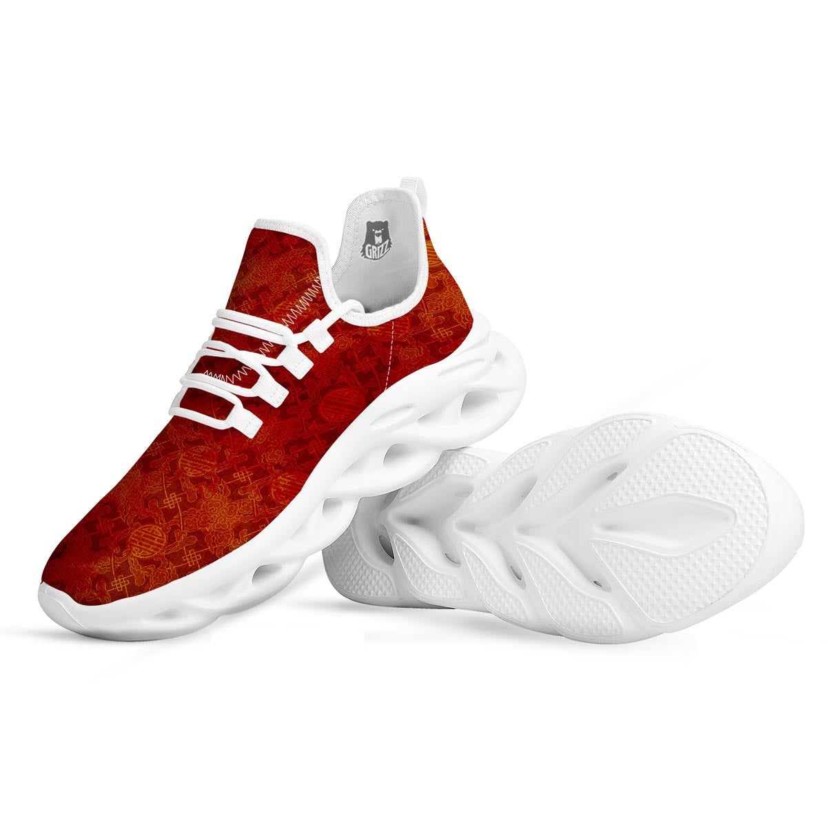 Chinese Red Print Pattern White Running Shoes-grizzshop