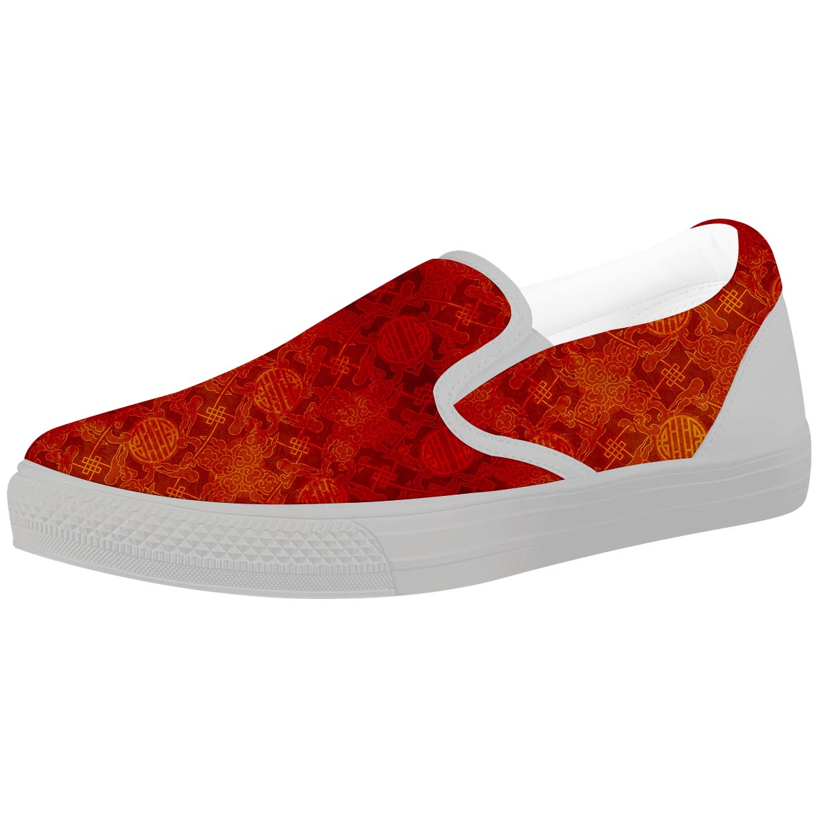 Chinese Red Print Pattern White Slip On Shoes-grizzshop