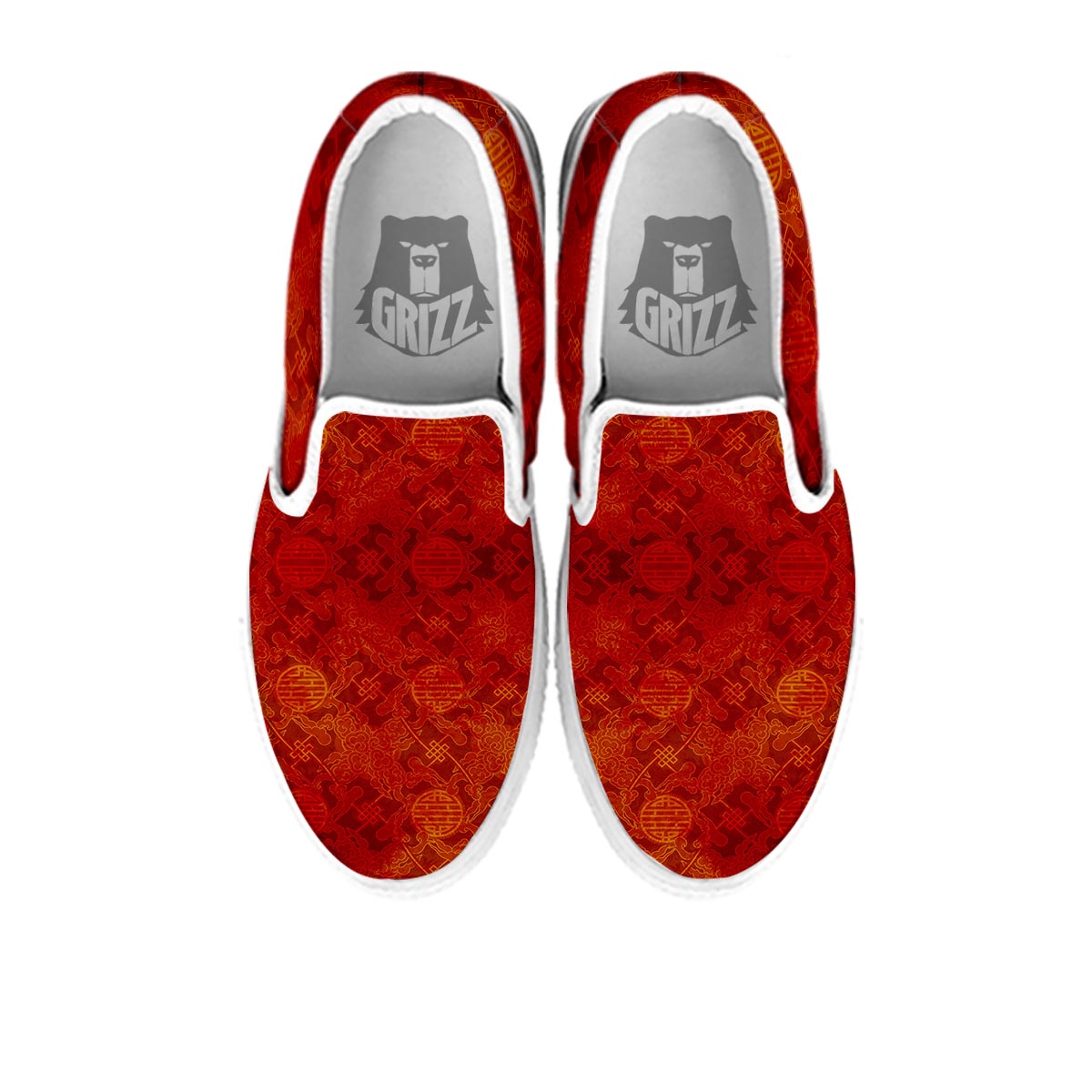 Chinese Red Print Pattern White Slip On Shoes-grizzshop