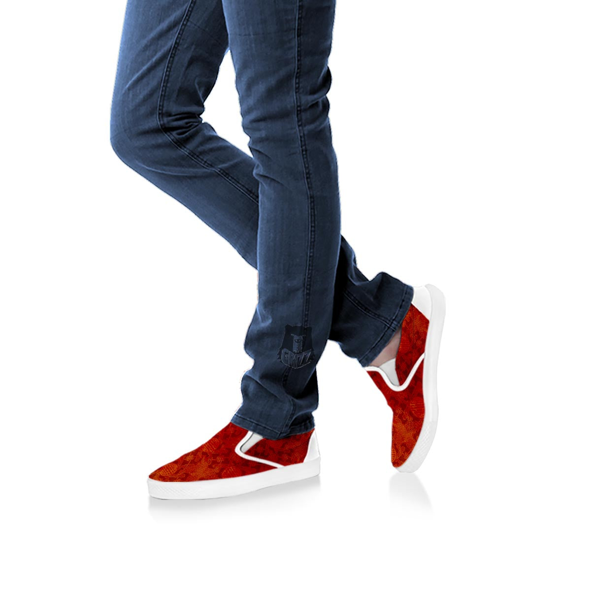 Chinese Red Print Pattern White Slip On Shoes-grizzshop