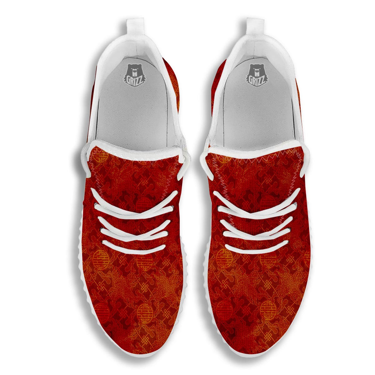 Chinese Red Print Pattern White Walking Shoes-grizzshop
