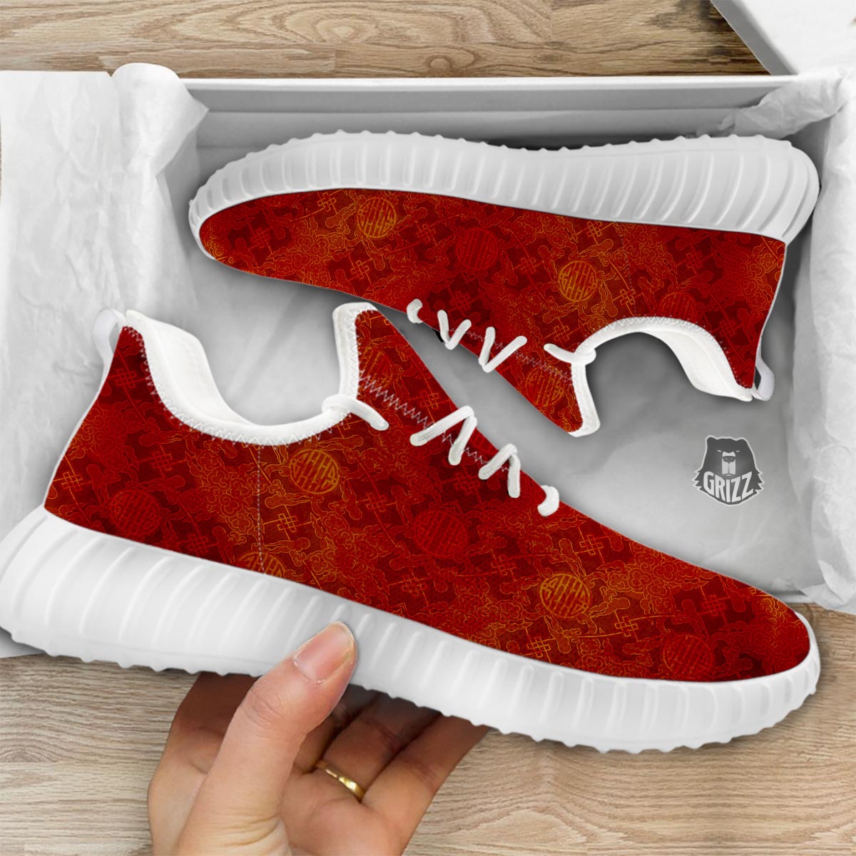 Chinese Red Print Pattern White Walking Shoes-grizzshop