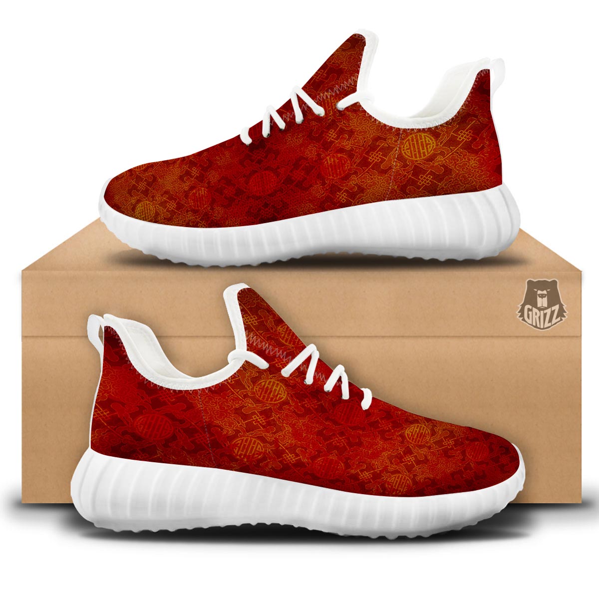 Chinese Red Print Pattern White Walking Shoes-grizzshop