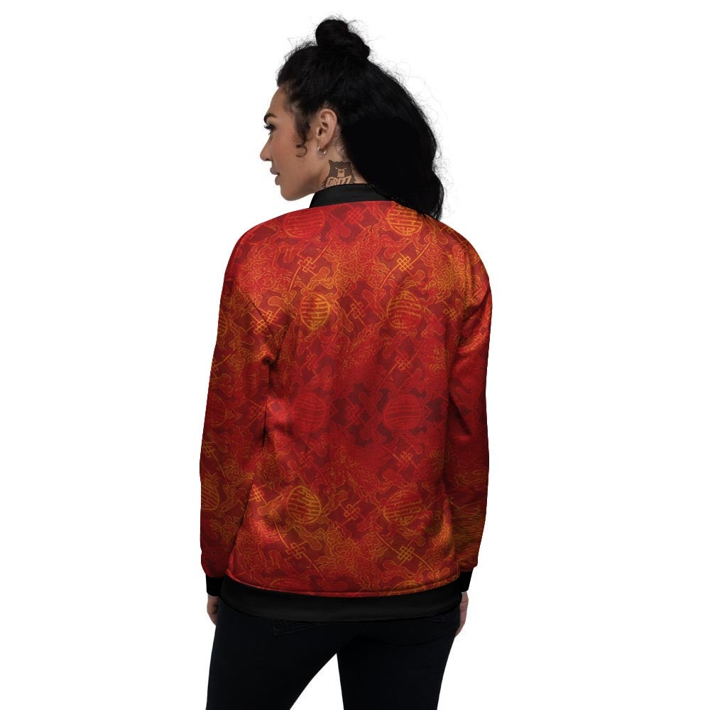 Chinese Red Print Pattern Women's Bomber Jacket-grizzshop