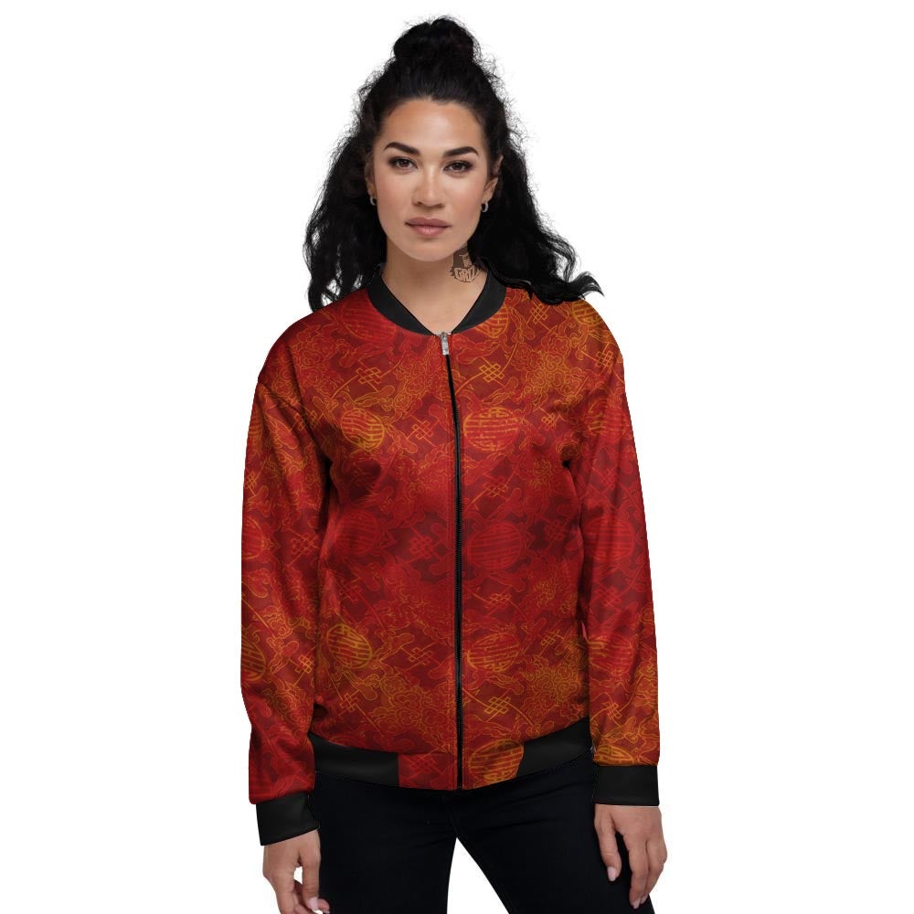 Chinese Red Print Pattern Women's Bomber Jacket-grizzshop