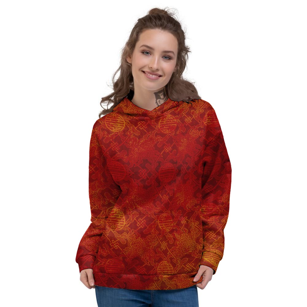 Chinese Red Print Pattern Women's Hoodie-grizzshop