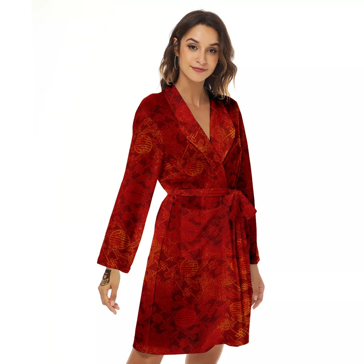 Chinese Red Print Pattern Women's Robe-grizzshop