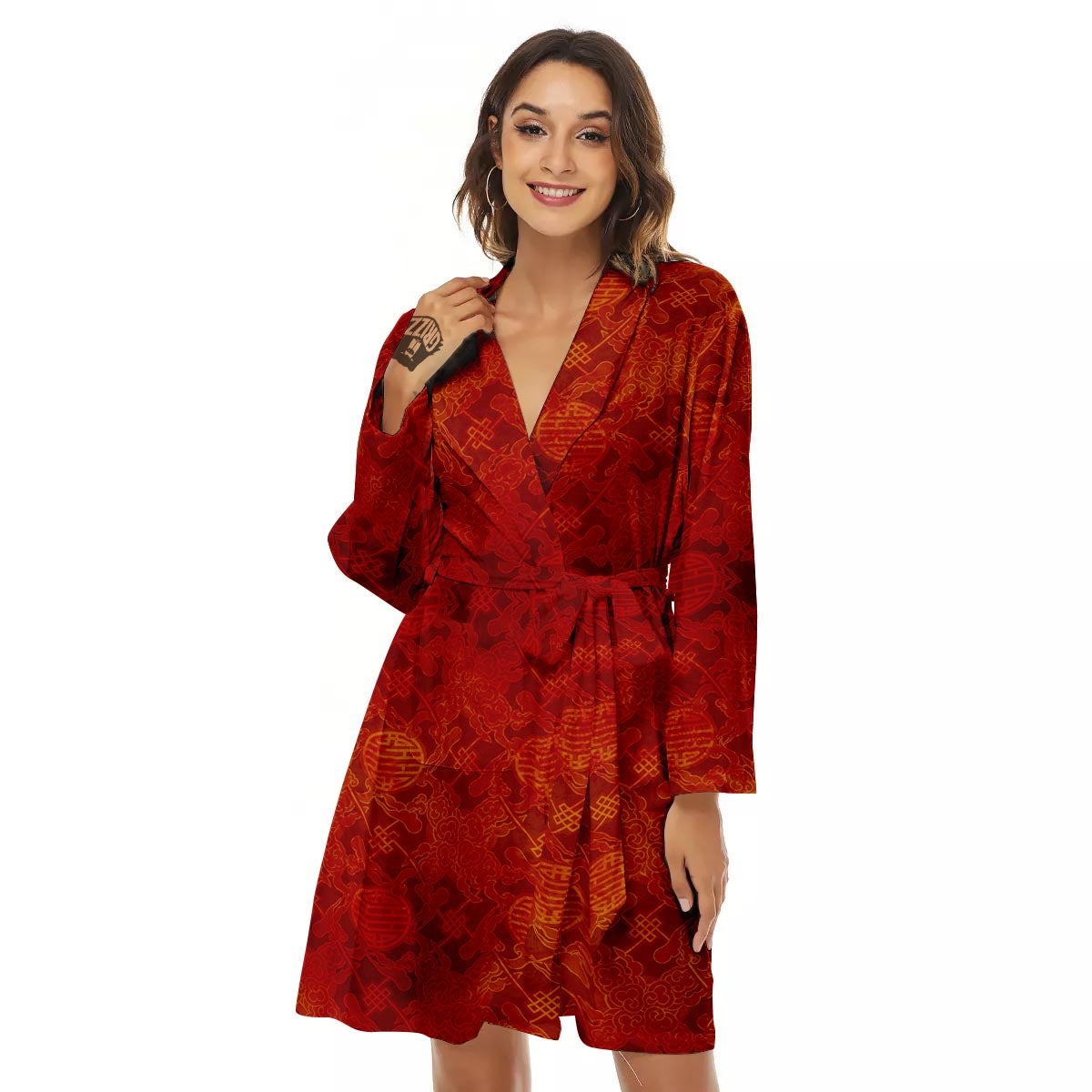 Chinese Red Print Pattern Women's Robe-grizzshop
