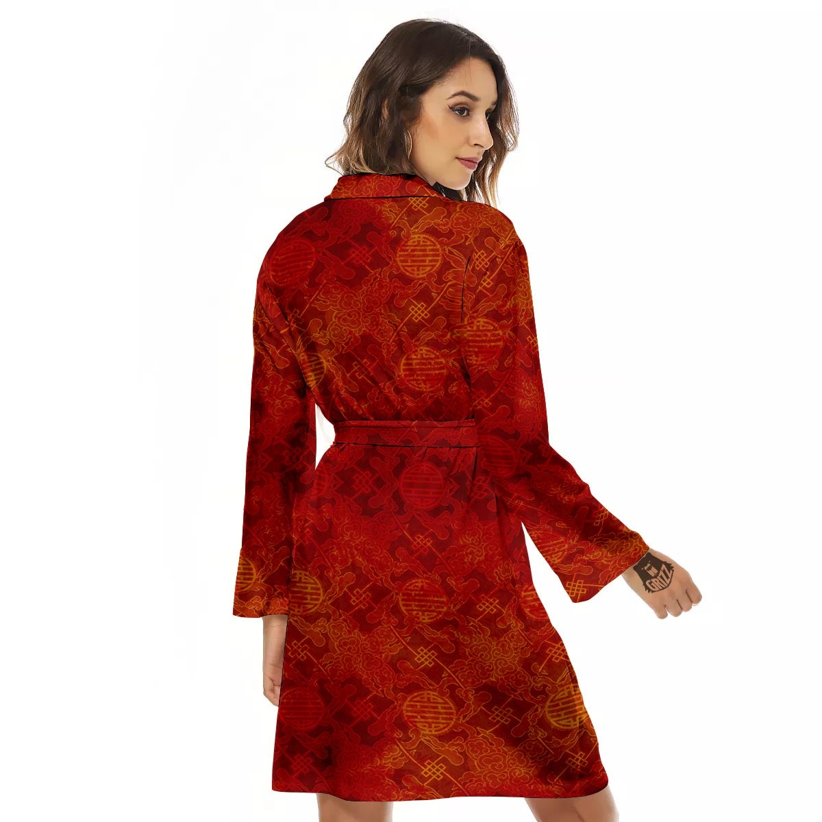 Chinese Red Print Pattern Women's Robe-grizzshop