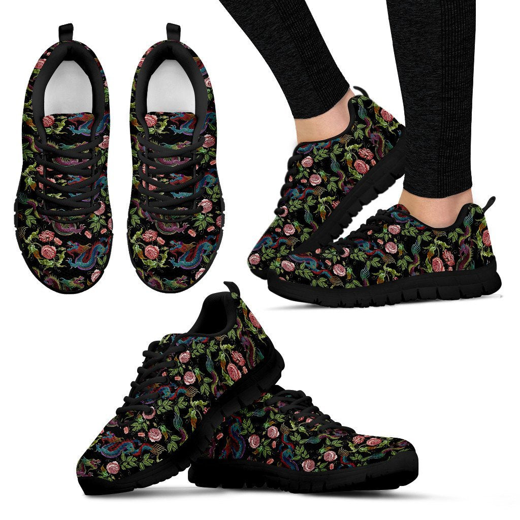 Chinese Rose Dragon Pattern Print Black Sneaker Shoes For Men Women-grizzshop