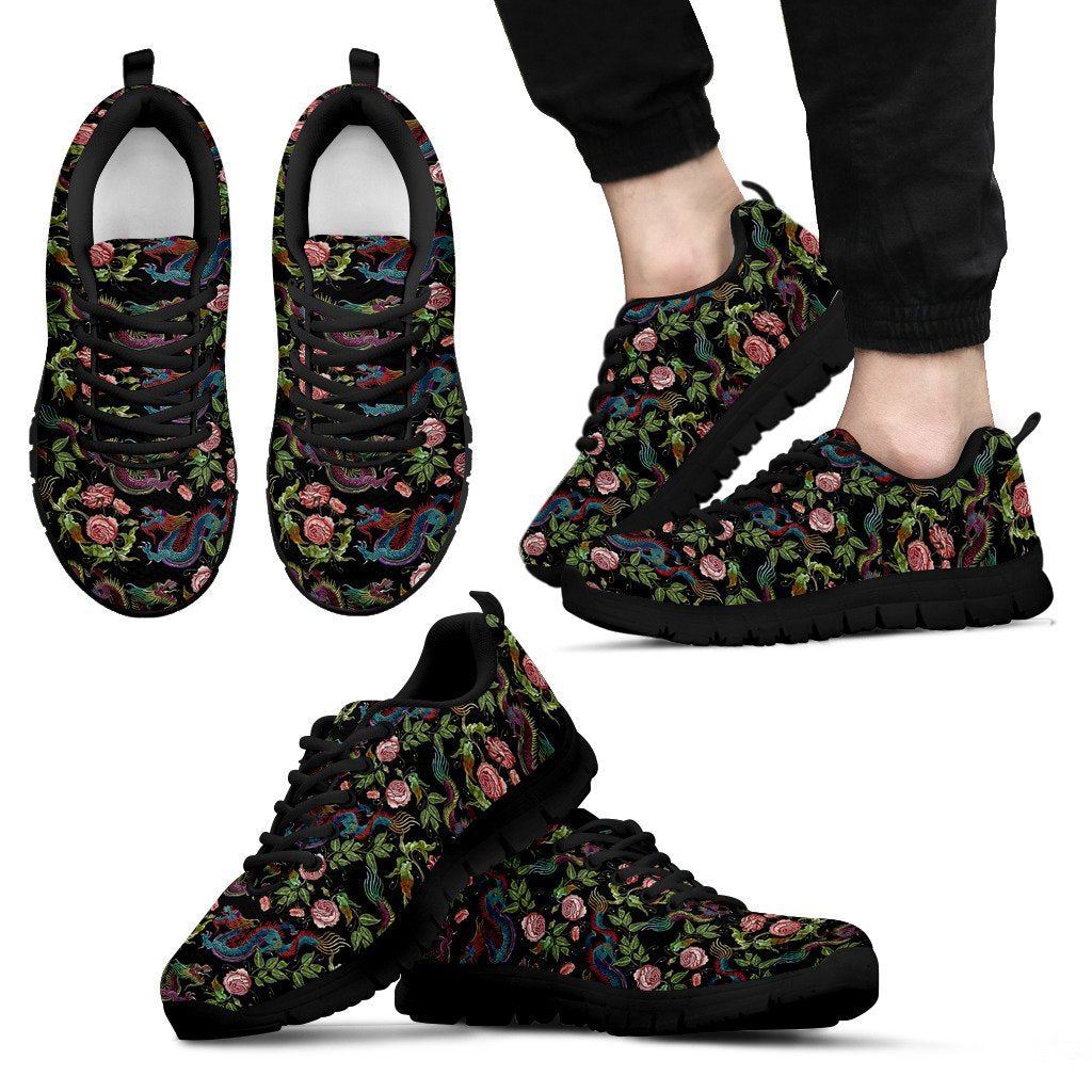 Chinese Rose Dragon Pattern Print Black Sneaker Shoes For Men Women-grizzshop