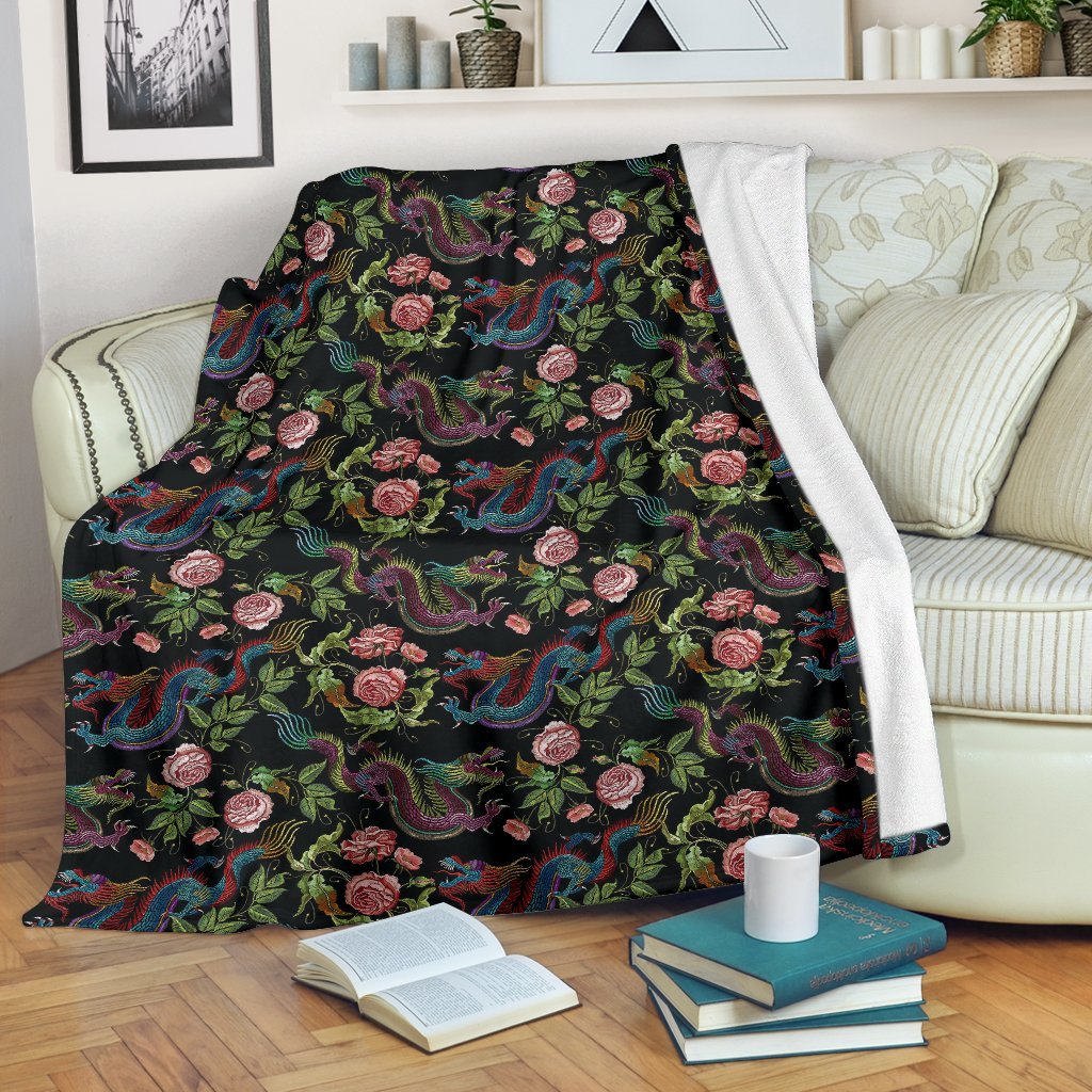 Chinese Rose Dragon Pattern Print Blanket-grizzshop