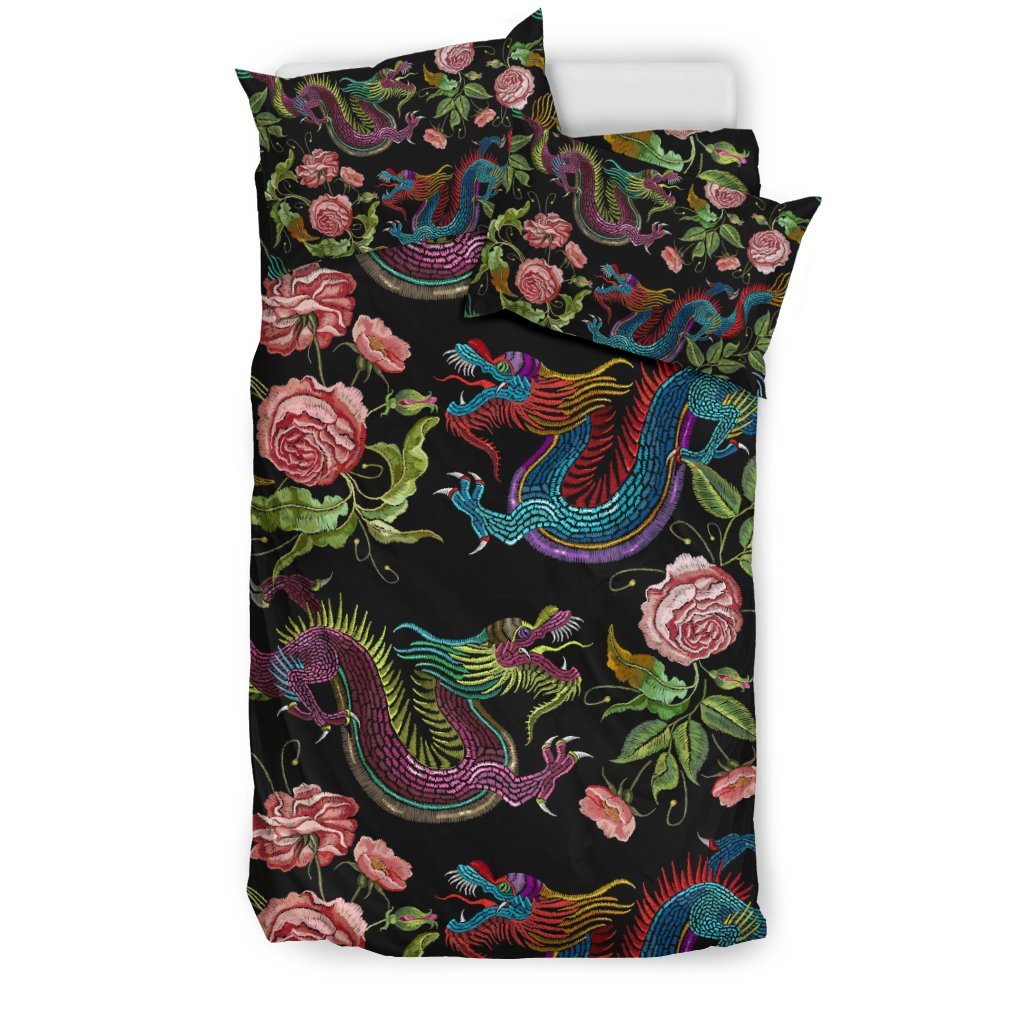 Chinese Rose Dragon Pattern Print Duvet Cover Bedding Set-grizzshop