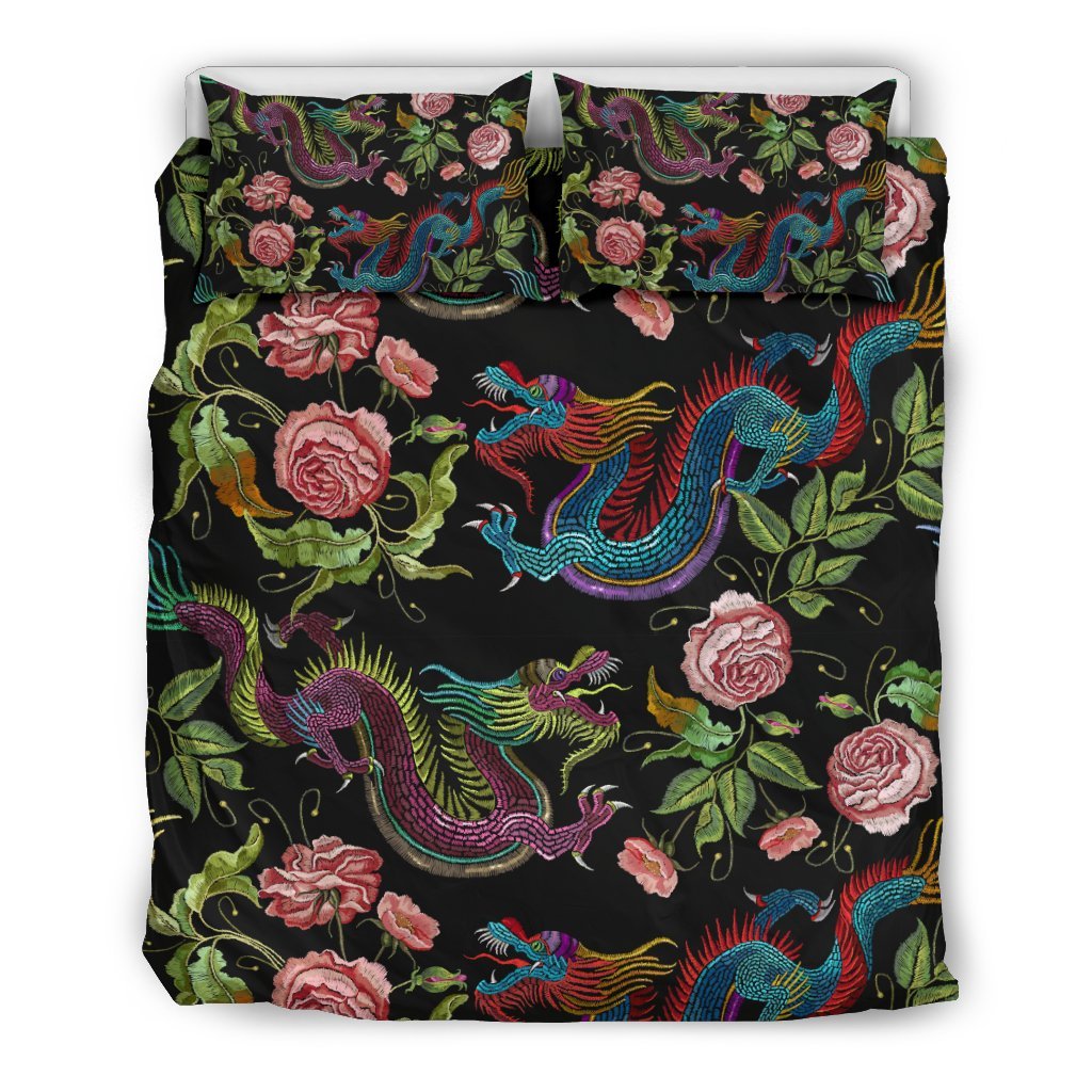 Chinese Rose Dragon Pattern Print Duvet Cover Bedding Set-grizzshop