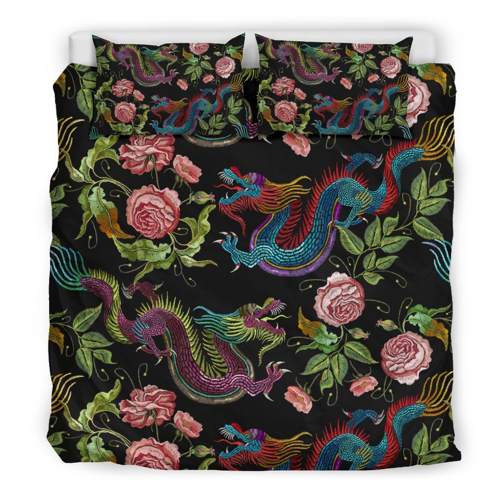 Chinese Rose Dragon Pattern Print Duvet Cover Bedding Set-grizzshop