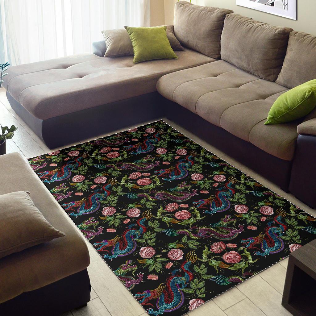 Chinese Rose Dragon Pattern Print Floor Mat-grizzshop