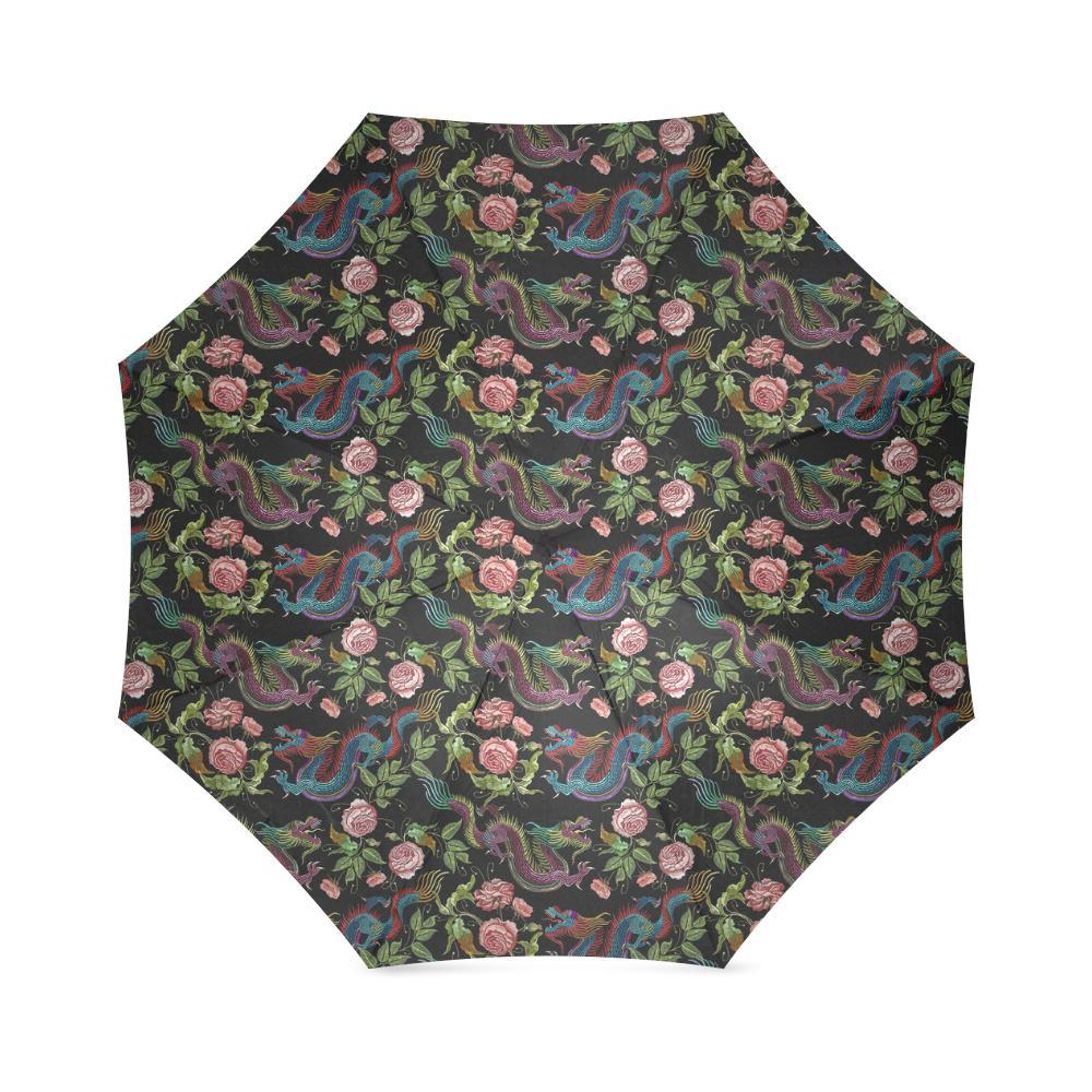 Chinese Rose Dragon Pattern Print Foldable Umbrella-grizzshop