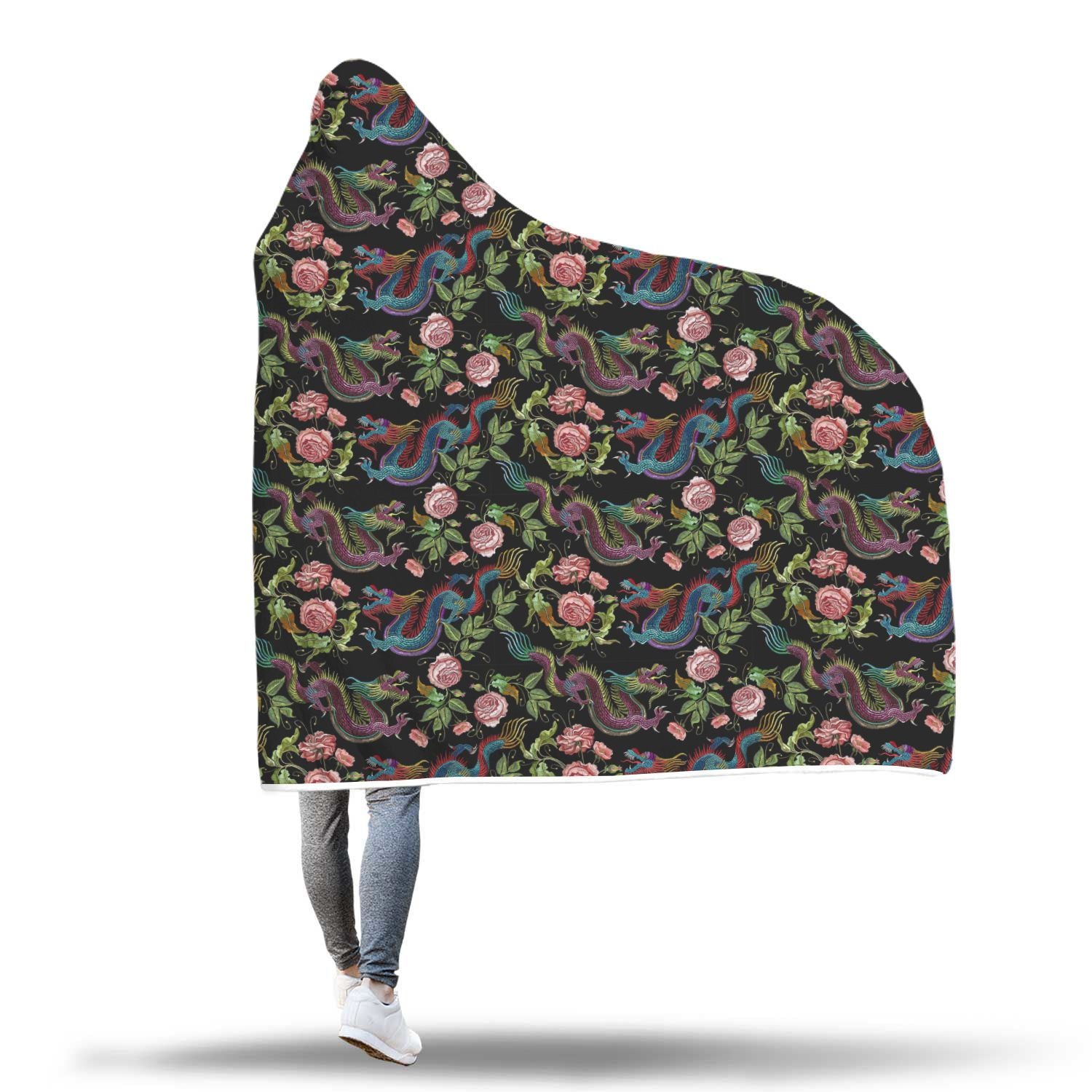 Chinese Rose Dragon Pattern Print Hooded Blanket-grizzshop