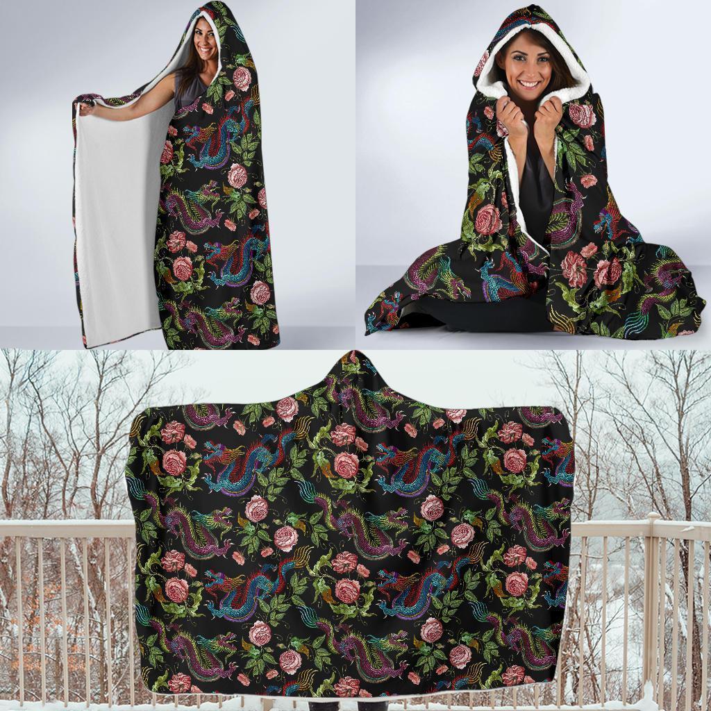 Chinese Rose Dragon Pattern Print Hooded Blanket-grizzshop