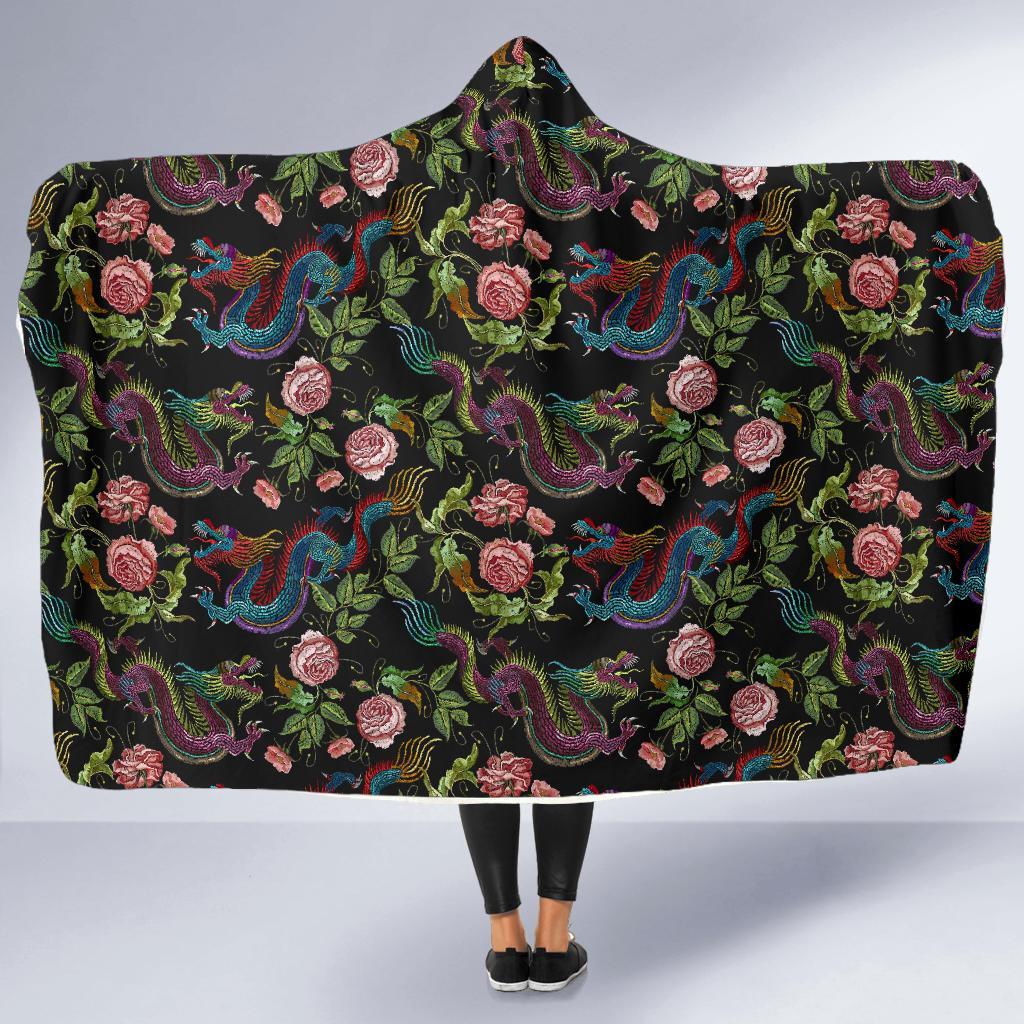 Chinese Rose Dragon Pattern Print Hooded Blanket-grizzshop