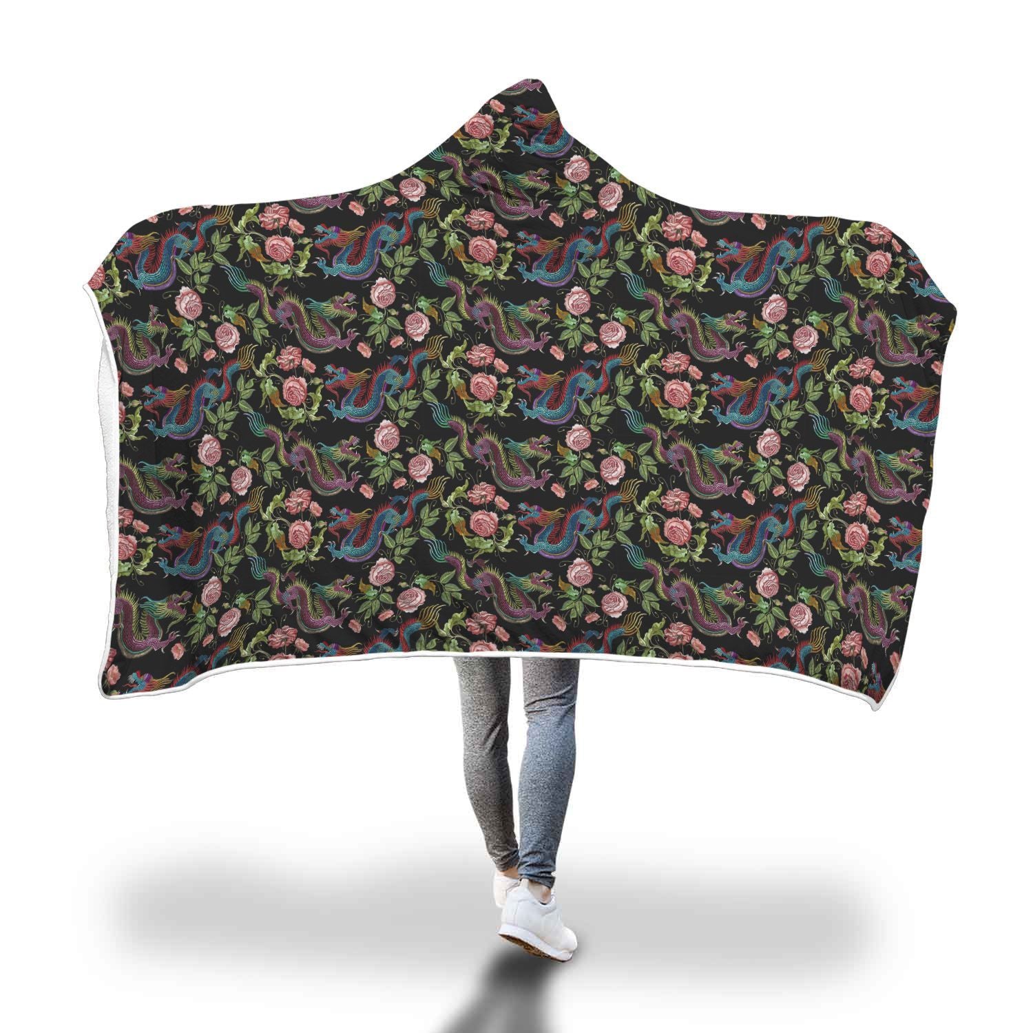 Chinese Rose Dragon Pattern Print Hooded Blanket-grizzshop