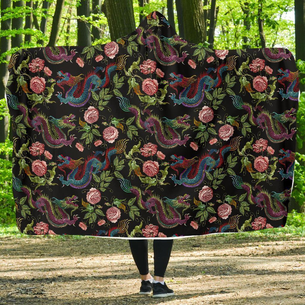 Chinese Rose Dragon Pattern Print Hooded Blanket-grizzshop