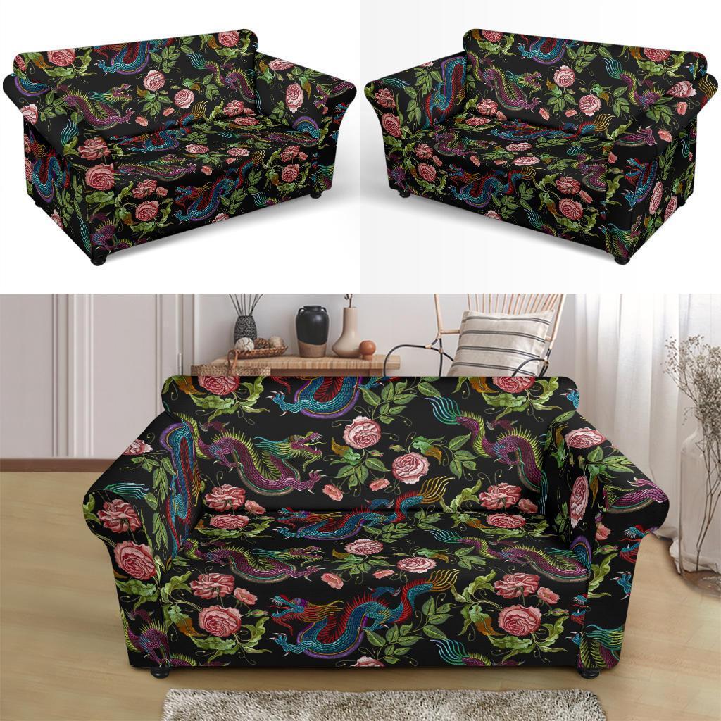 Chinese Rose Dragon Pattern Print Loveseat Cover-grizzshop