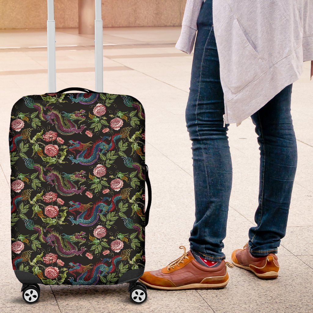 Chinese Rose Dragon Pattern Print Luggage Cover Protector-grizzshop