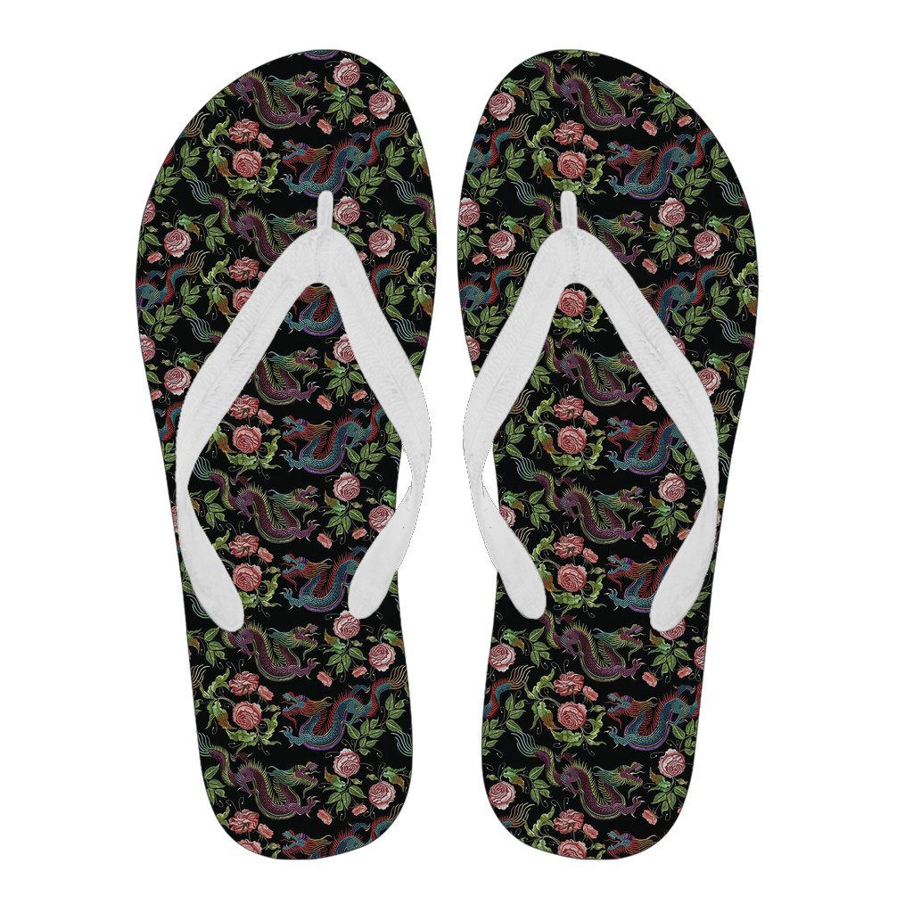 Chinese Rose Dragon Pattern Print Men & Women Flip Flops-grizzshop