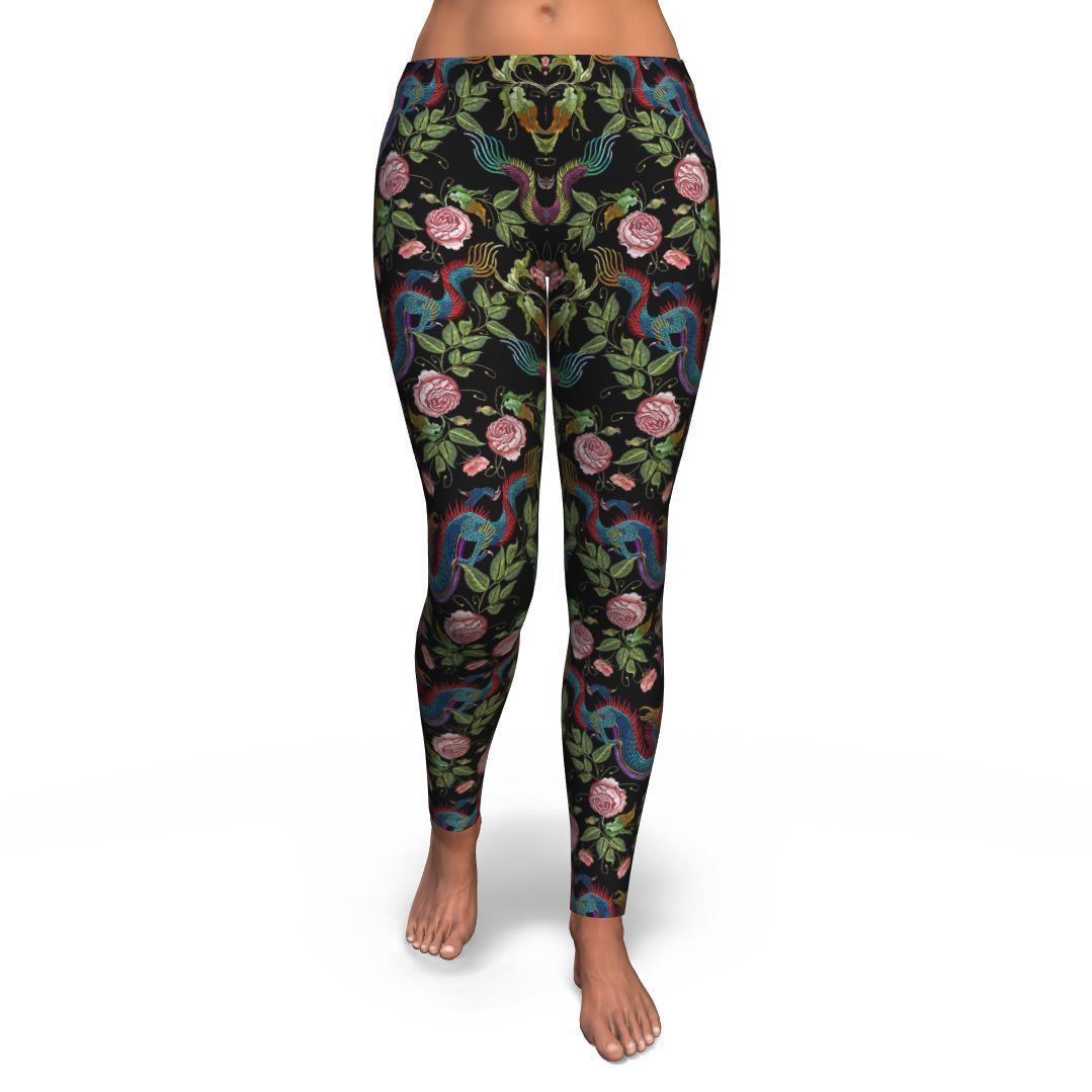 Chinese Rose Dragon Pattern Print Pattern Women Leggings-grizzshop