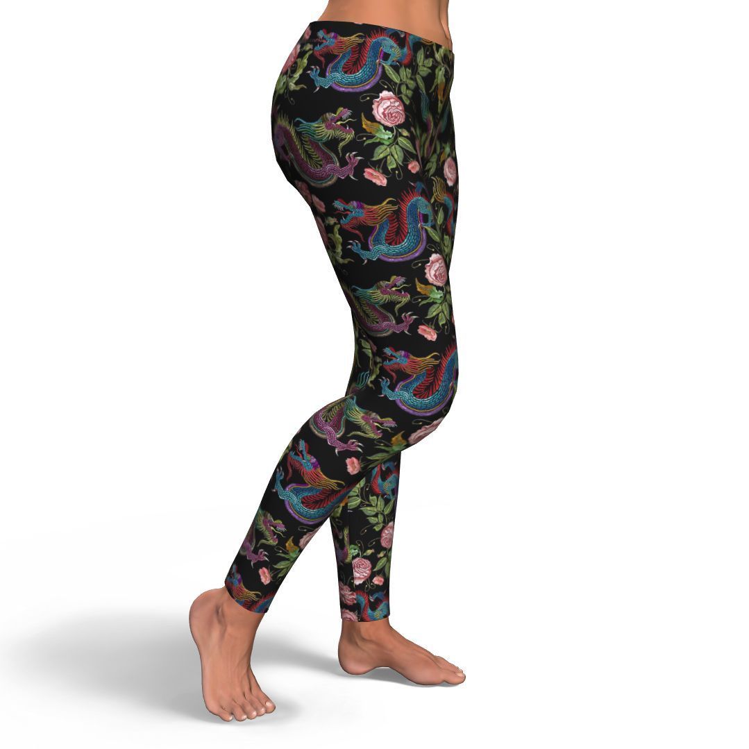 Chinese Rose Dragon Pattern Print Pattern Women Leggings-grizzshop