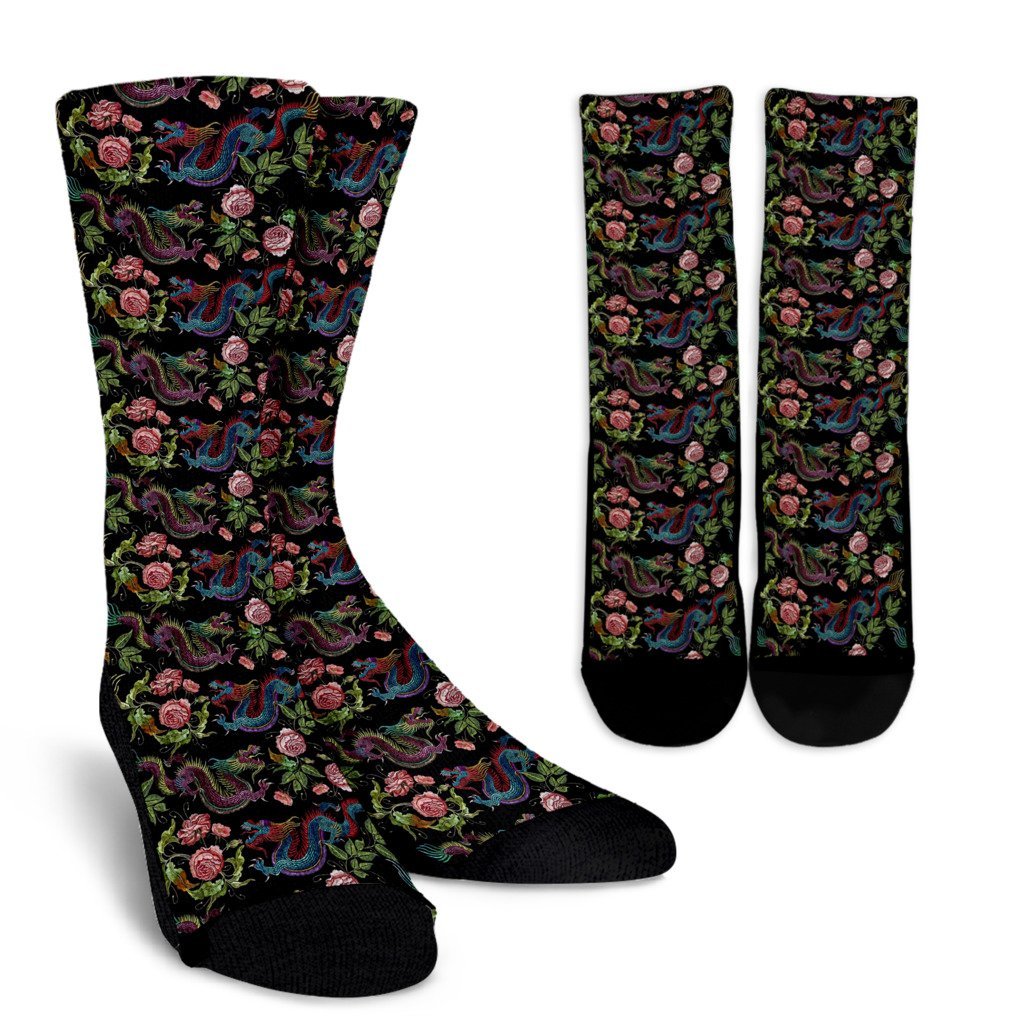 Chinese Rose Dragon Pattern Print Unisex Crew Socks-grizzshop