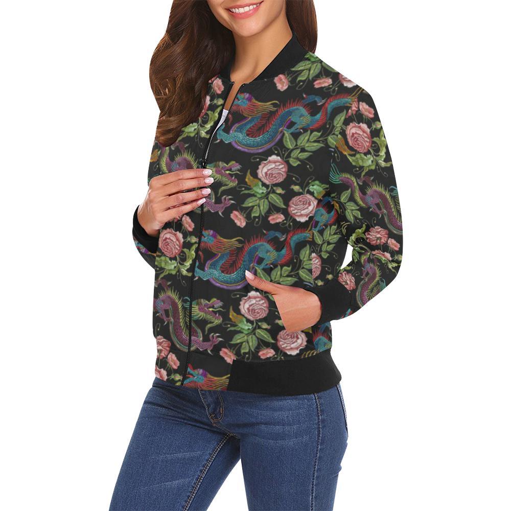 Chinese Rose Dragon Pattern Print Women Casual Bomber Jacket-grizzshop