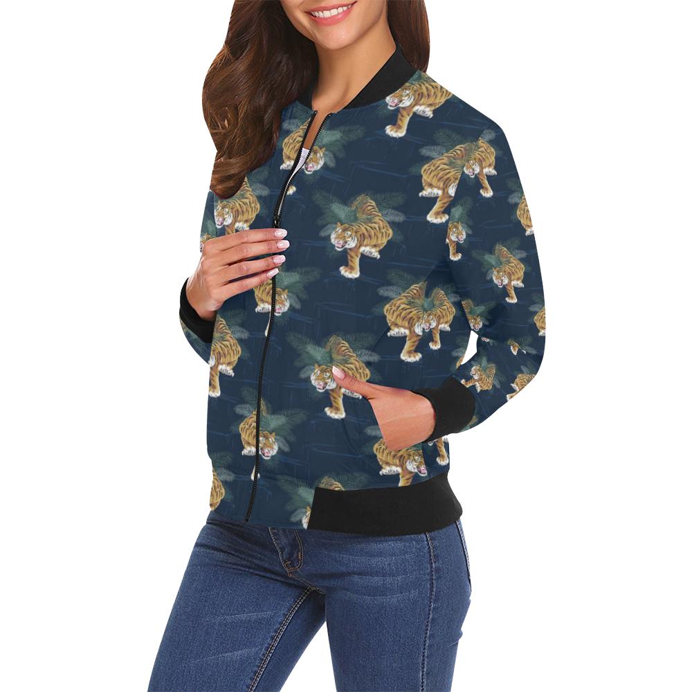 Chinese Tiger Pattern Print Women Casual Bomber Jacket-grizzshop