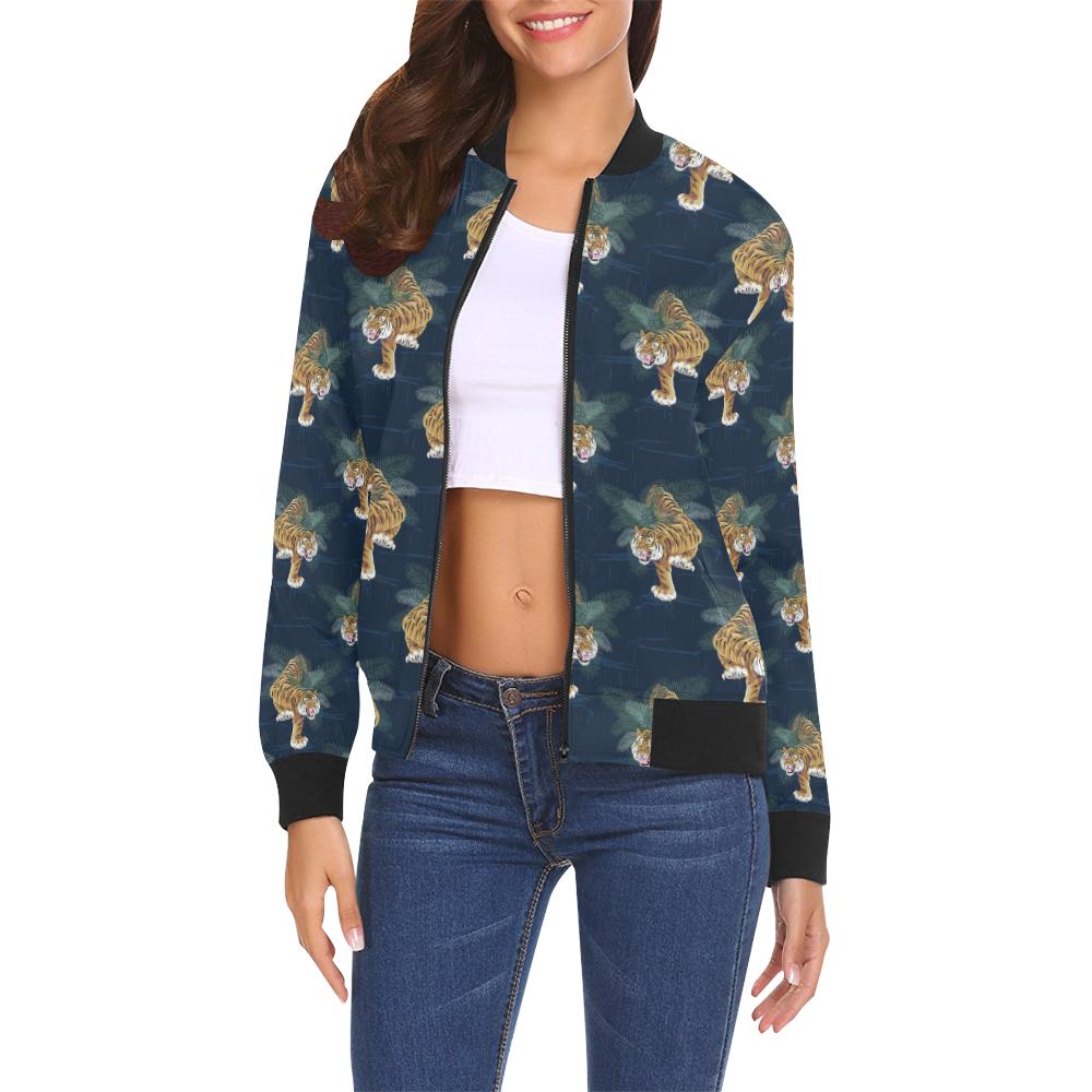 Chinese Tiger Pattern Print Women Casual Bomber Jacket-grizzshop