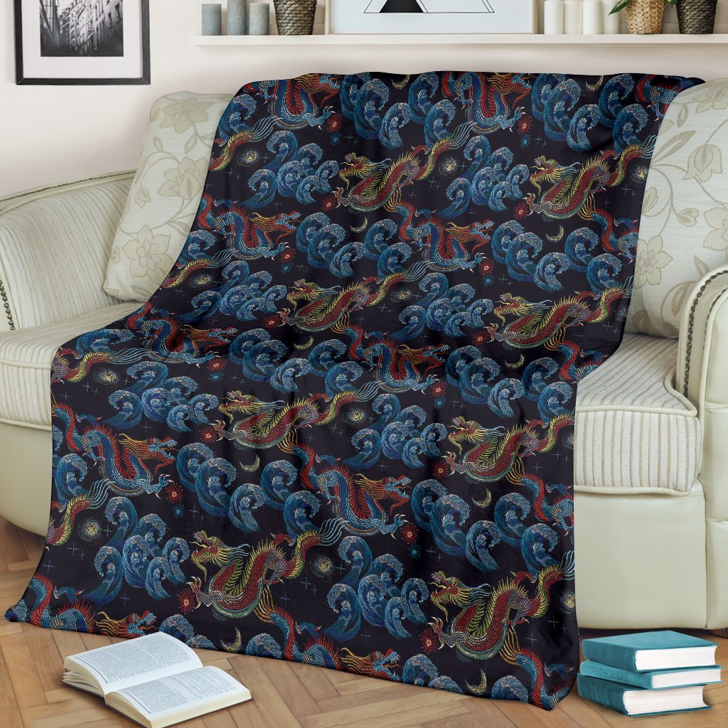 Chinese Wave Dragon Pattern Print Blanket-grizzshop