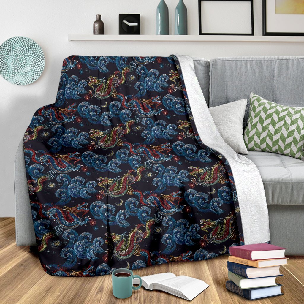 Chinese Wave Dragon Pattern Print Blanket-grizzshop