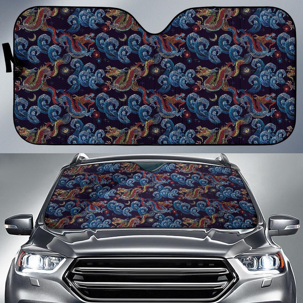 Chinese Wave Dragon Pattern Print Car Sun Shade-grizzshop