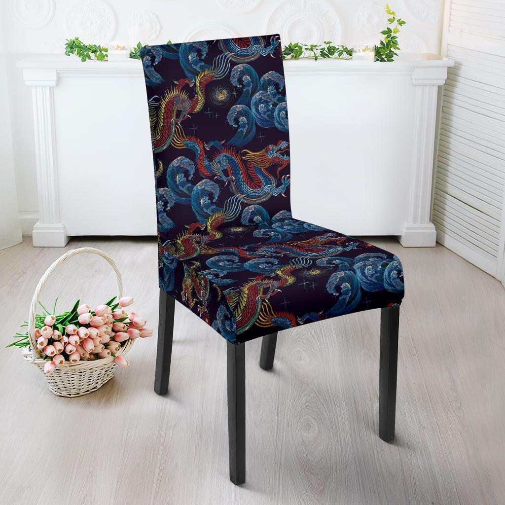 Chinese Wave Dragon Pattern Print Chair Cover-grizzshop